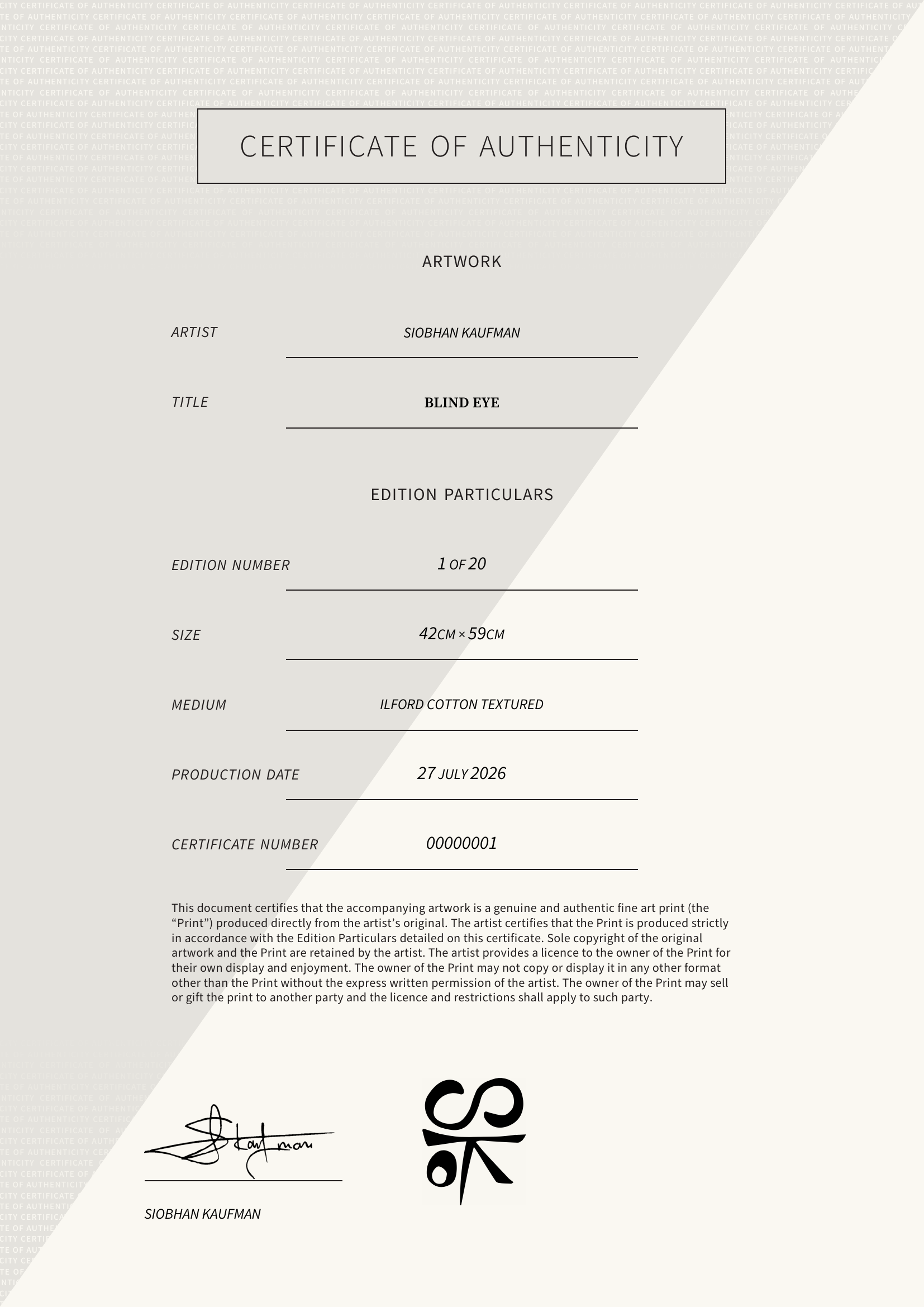 Blind Eye — Certificate of Authenticity